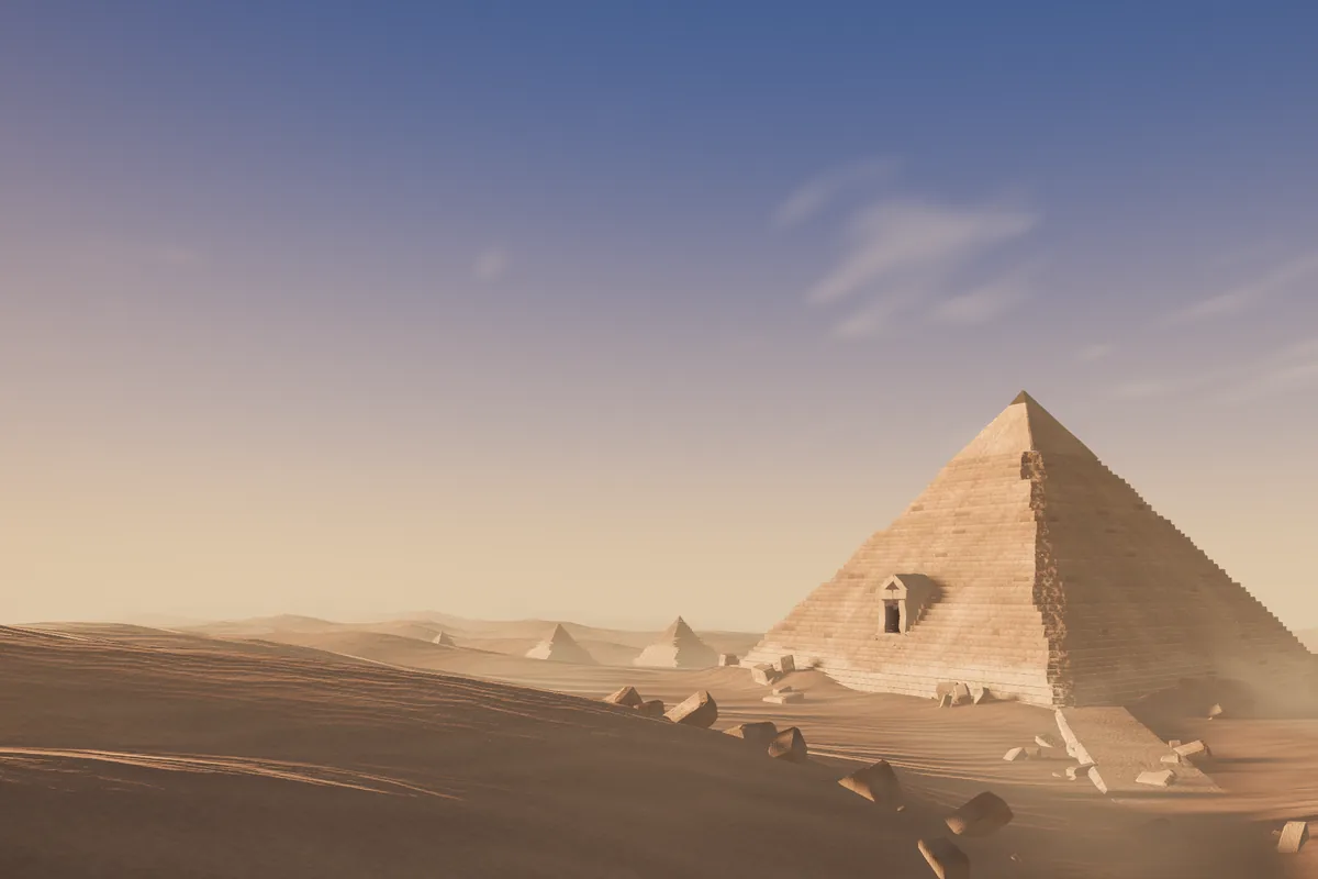 KEMET's sunlit stone pyramid rising above desert dunes and scattered ruins